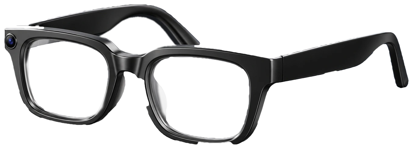 Black AI recording glasses with clear lenses and a front-corner camera